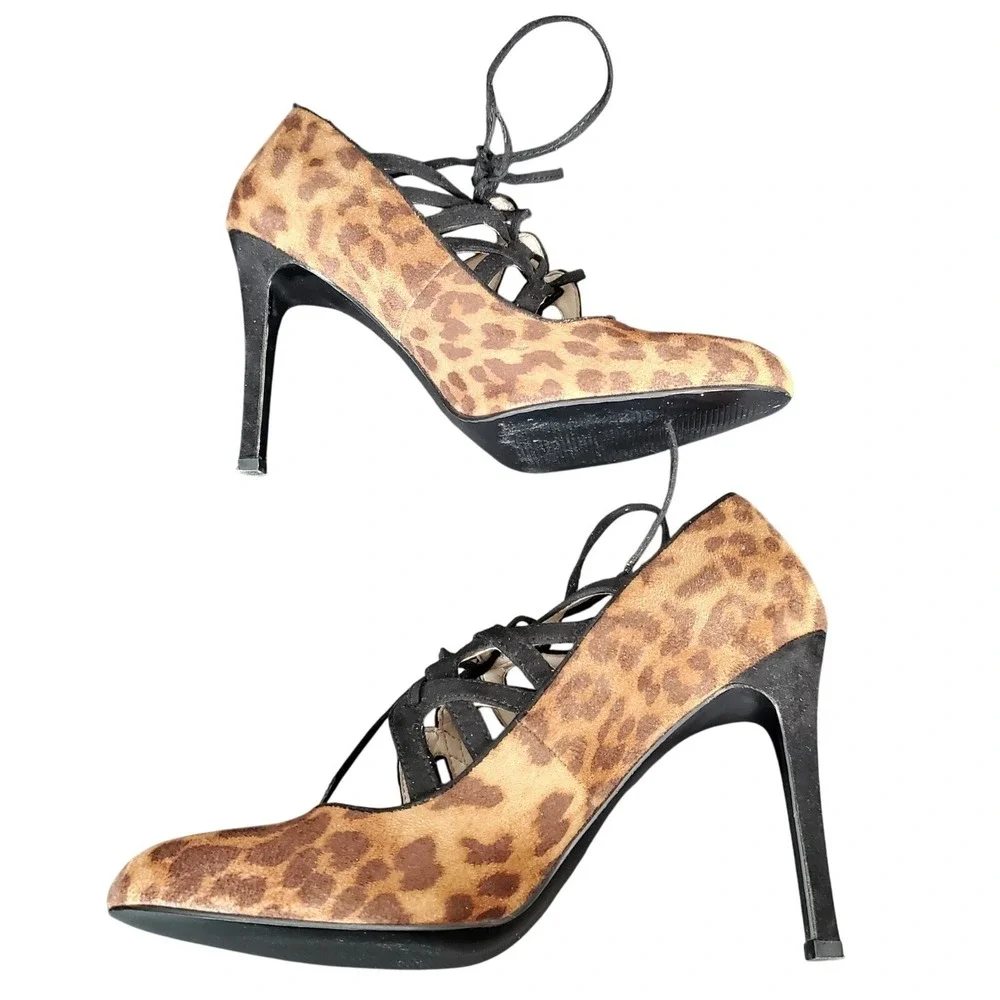 Nine West Sasafraso‎ Leopard Print Crisscross Stiletto Pumps Brown Black 8M